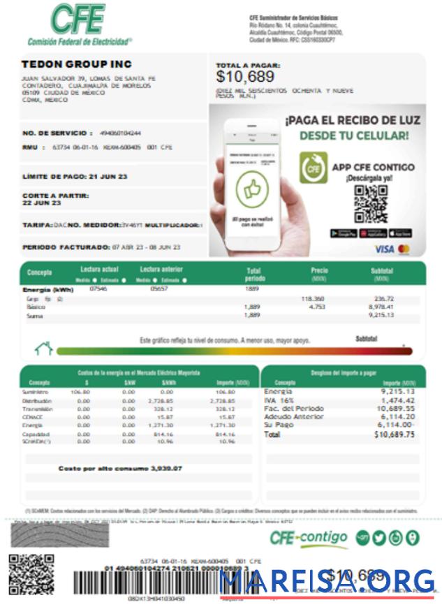 Printable Federal Electricity Commission (CFE) utility bill SCR page 1 example